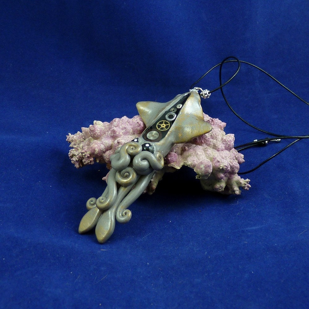 Steampunk Squid Necklace - Polymer Clay Neo-Victorian Jewelry