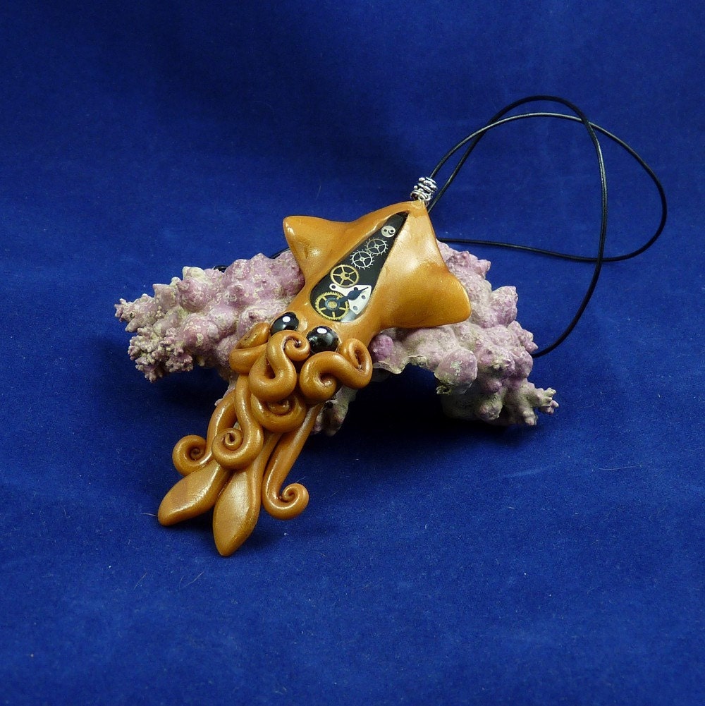 Brass Steampunk Squid Necklace - Polymer Clay Squid Pendant