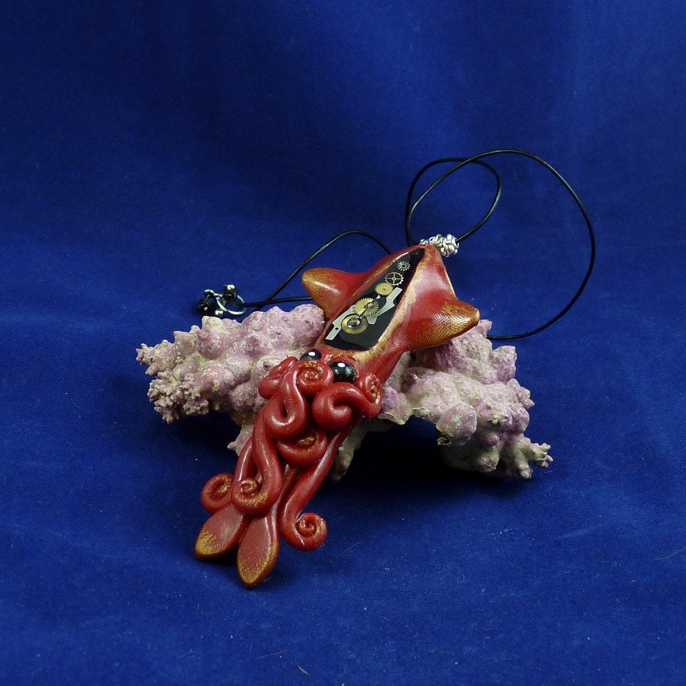 Gilded Steampunk Squid Necklace - Polymer Clay Jewelry Pendant