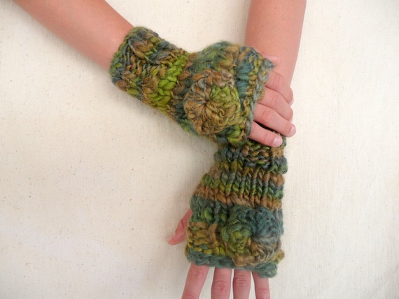 Hand knit fingerless gloves -  wool blend in green with flower wrist warmer