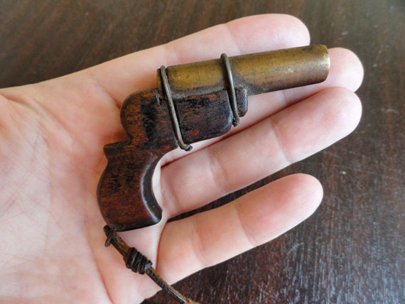 Gun Necklace, Brown Revolver Jewelry, Wood and Brass Pistol Pendant