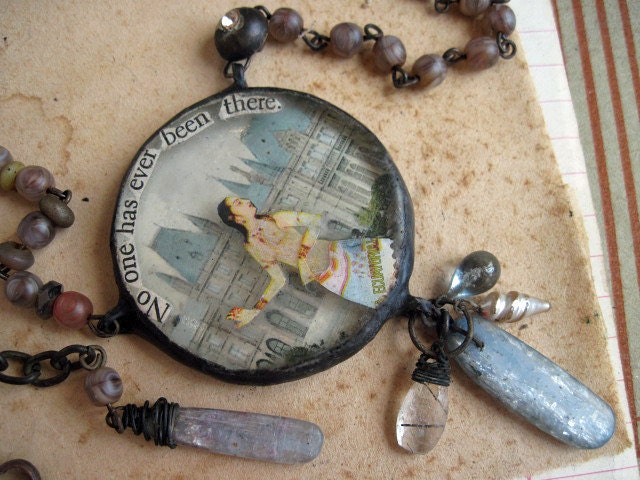 No One Has Ever Been There. Soldered Collage and Kyanite Assemblage Necklace.