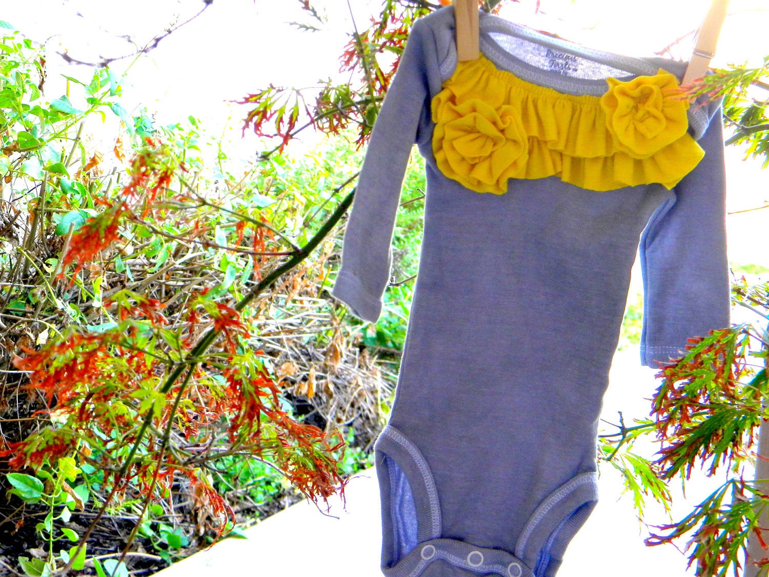 Grey onesie with Yellow ruffles and flowers for baby girl in size 9 months READY TO SHIP
