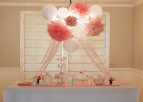 Paper Lanterns and Paper Pom Poms tea party wedding decor baby shower 