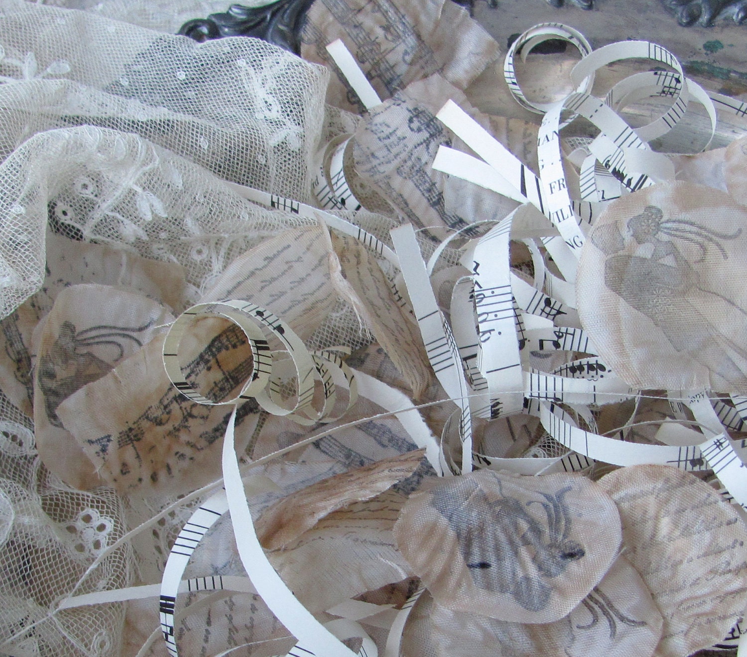 Hand Stamped Flower Petals And Vintage Sheets of Music by My Broken Art on Etsy