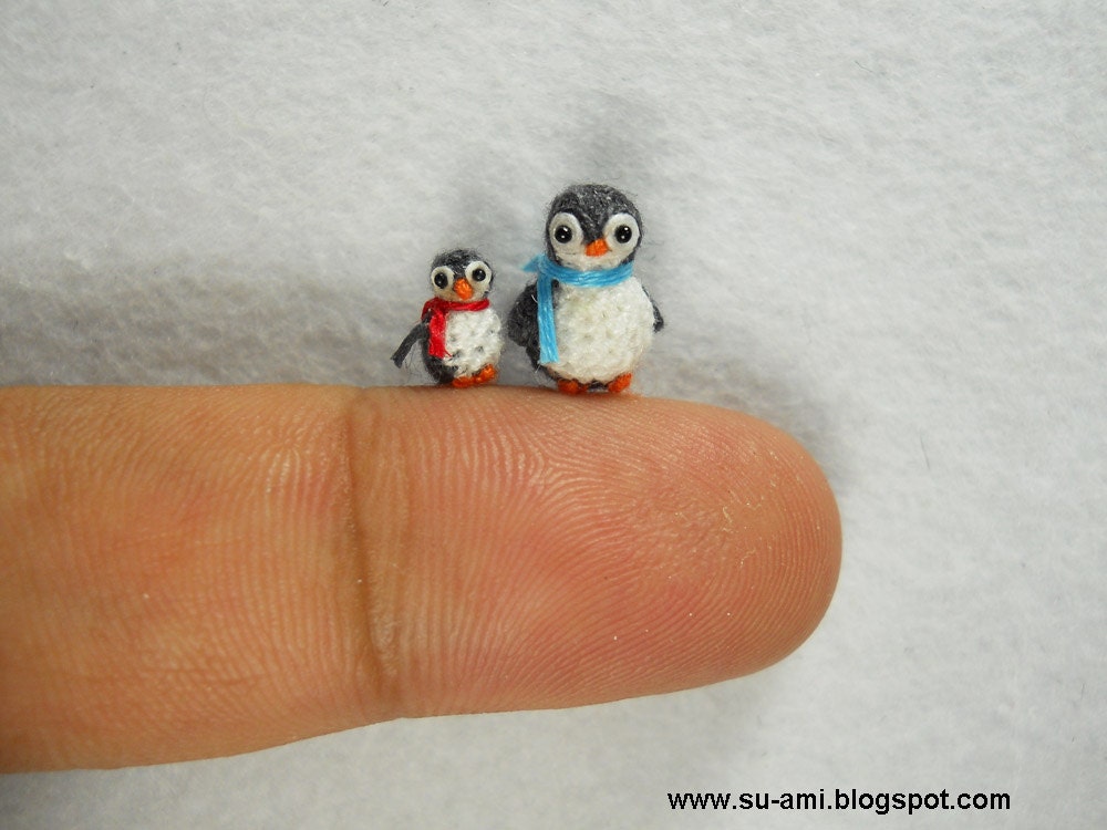 Micro Penguins - Dollhouse Miniature Birds - Set of Two Penguin Chicks - Mom and Daughter - Made To Order
