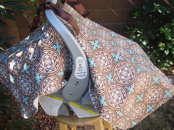 Baby Car Seat Cover Teal, Brown and Cream Scroll work