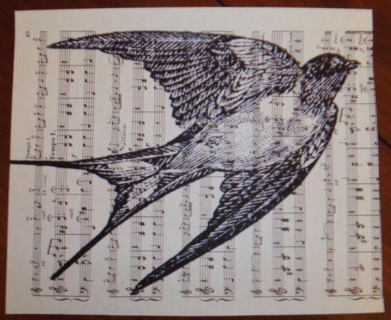 Vintage Sheet Music with silhouette print BIRD in FLIGHT design
