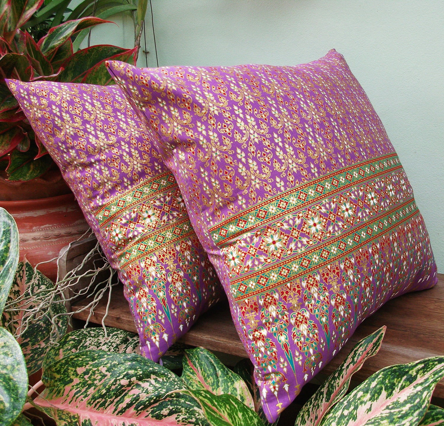 Purple  and Gold Thai Painting sofa Throw decorative pillow cushion covers 18 inches