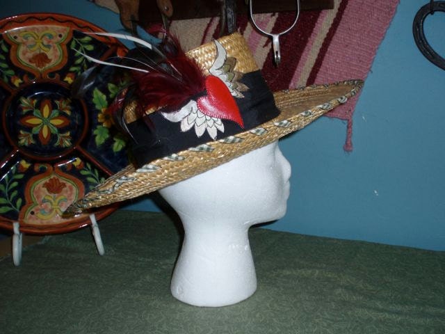 Ladies Straw Hat, Customized wih "Heart with Wings"