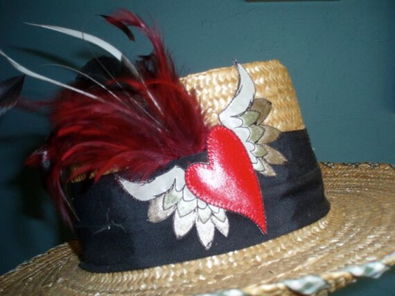 Ladies Straw Hat, Customized wih "Heart with Wings"