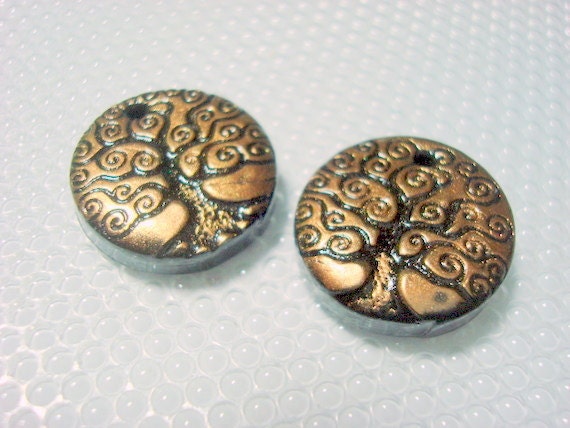 Black and Bronze Spiral Trees of Life Polymer Clay Beads
