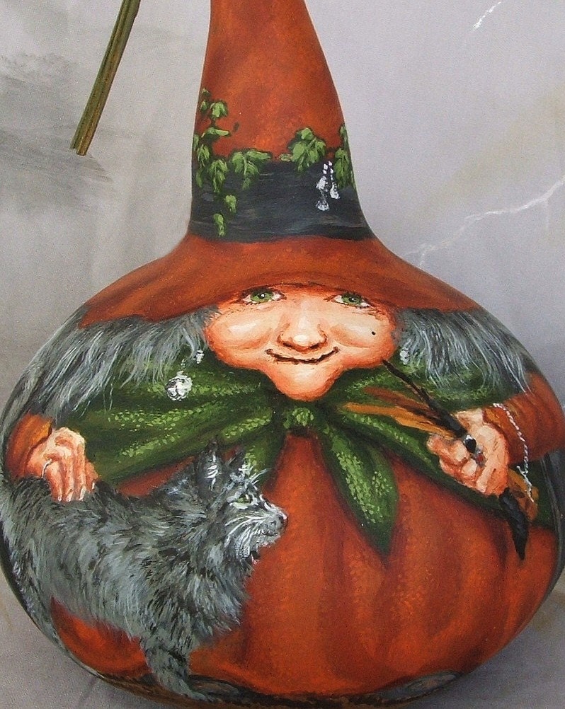 Winifreds Wands, earth witch, gourd, Halloween, cat, burnt orange, 9 inches tall