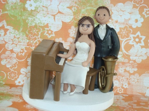 Custom Made Bride And Groom With Piano and Trombone Wedding Cake Topper