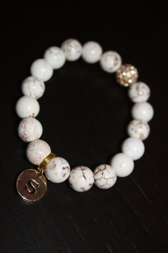 Cream & Caramel Magnesite Semi Precious Gemstone Beaded Bracelet with Gold Pave Rhinestones and Gold Initial Charm - Waiting On Martha ID