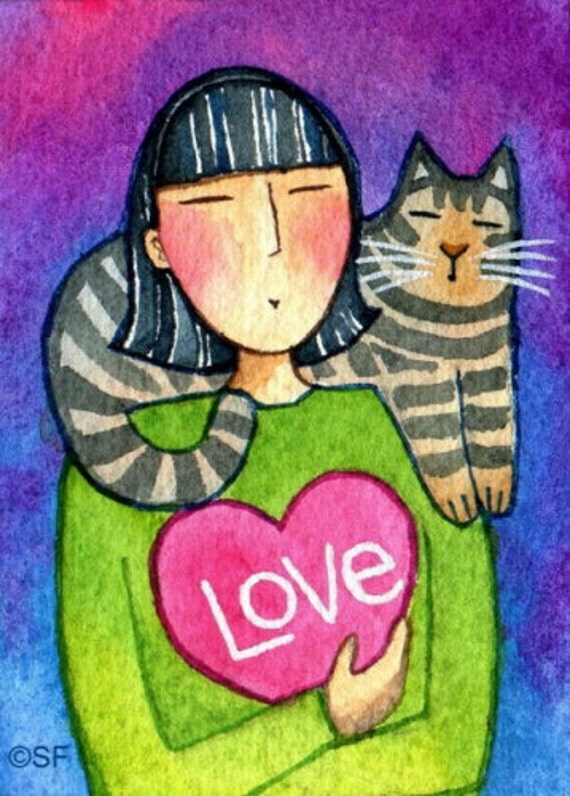 Tabby Love Cat Lady Art...Original ACEO Watercolor Painting Tabby Love Cat Lady Art...Original ACEO Watercolor Painting by susan faye