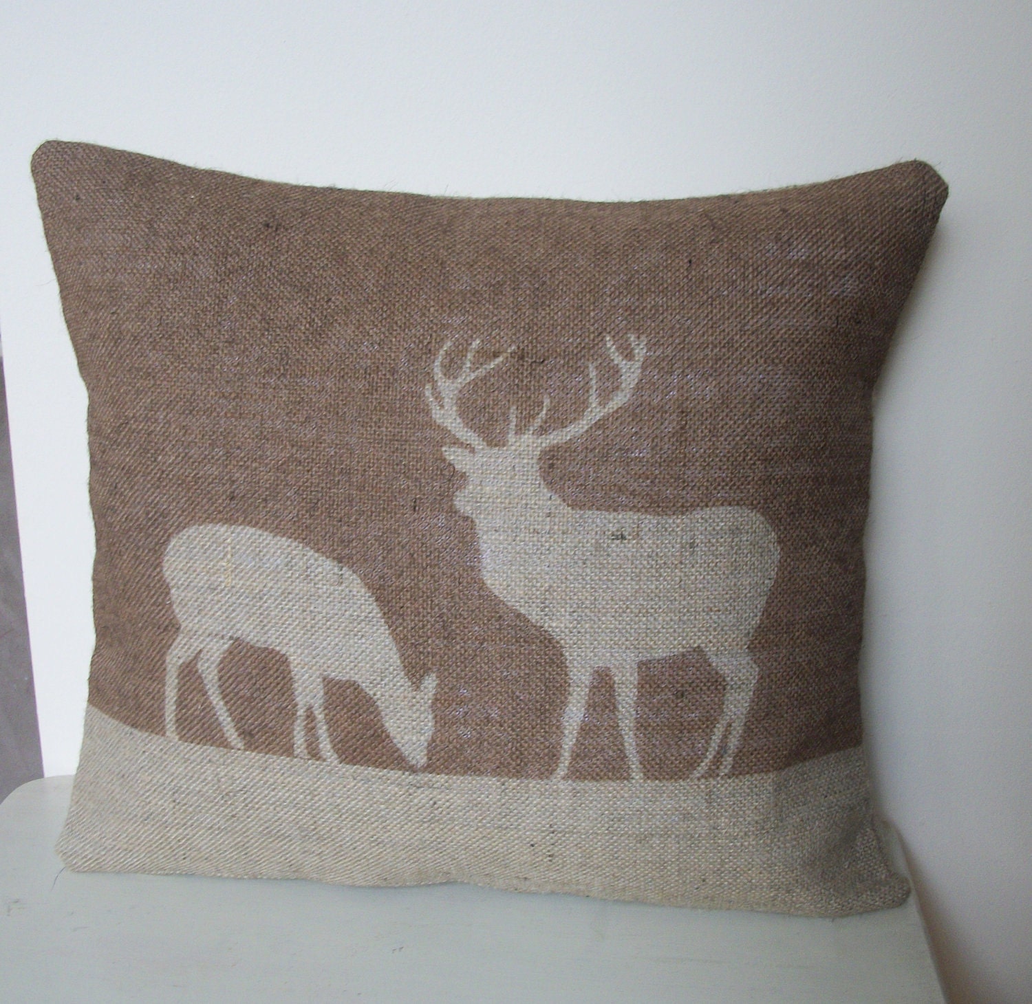 20% OFF SALE - Stag & Deer Hessian Cushion in Chestnut Brown 14" x 16"