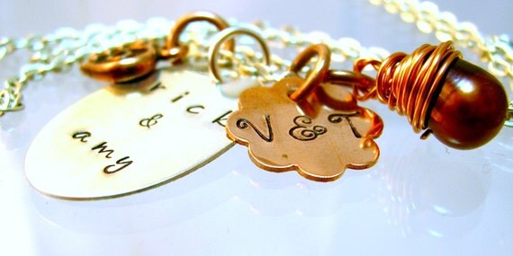 Me and You Sterling Silver Oval Copper Flower Initials with Spiral Heart Charm Personalized Jewelry Necklace