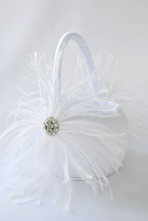 White Flower Girl Basket Ostrich Feather Flower Girl Basket White Satin 