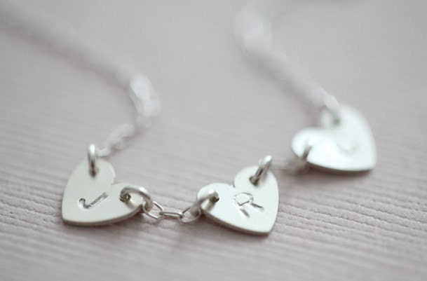 Silver initial tiny heart necklace - 3 heart pendants - MADE TO ORDER