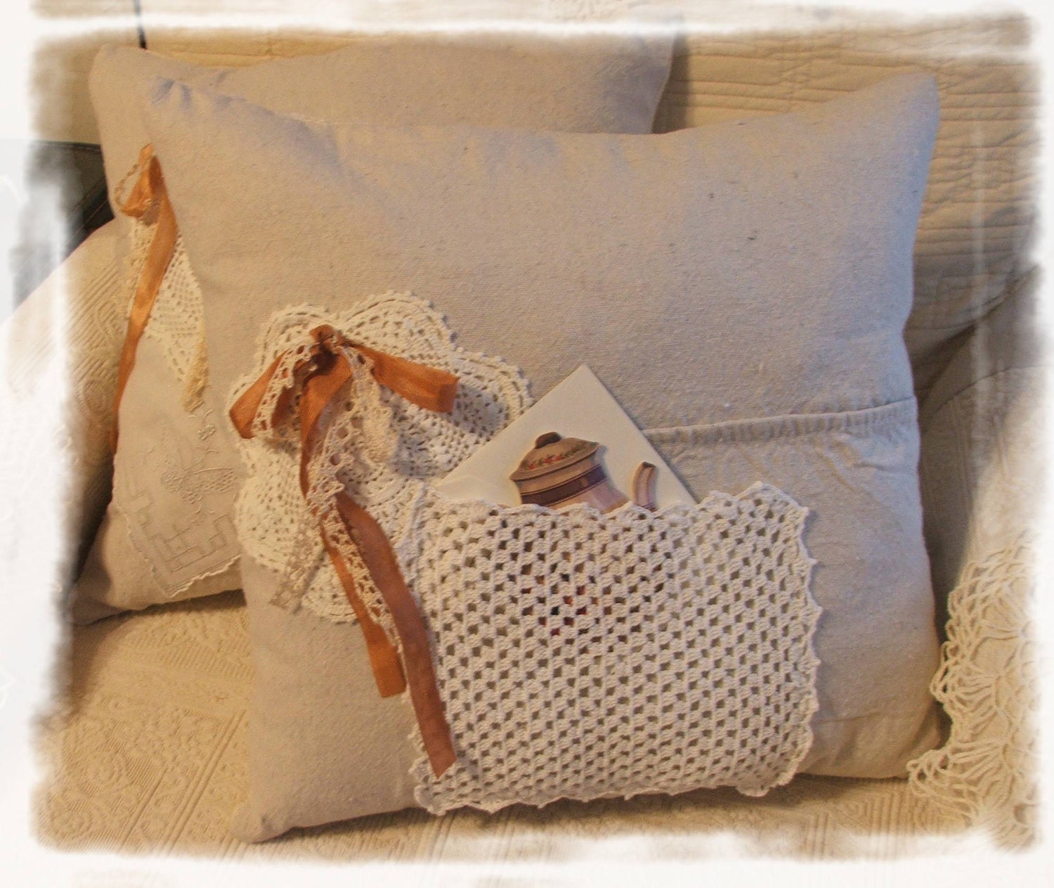 Cotton Ducking Pillow Crochet Doily's Satin Ribbon