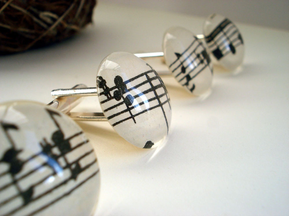 Music cuff links recycled books black and white glass silver Bach