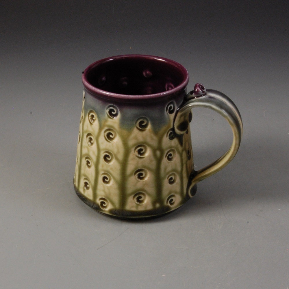 Mug handmade wheel thrown purple eggplant fern green porcelain by Mark Hudak