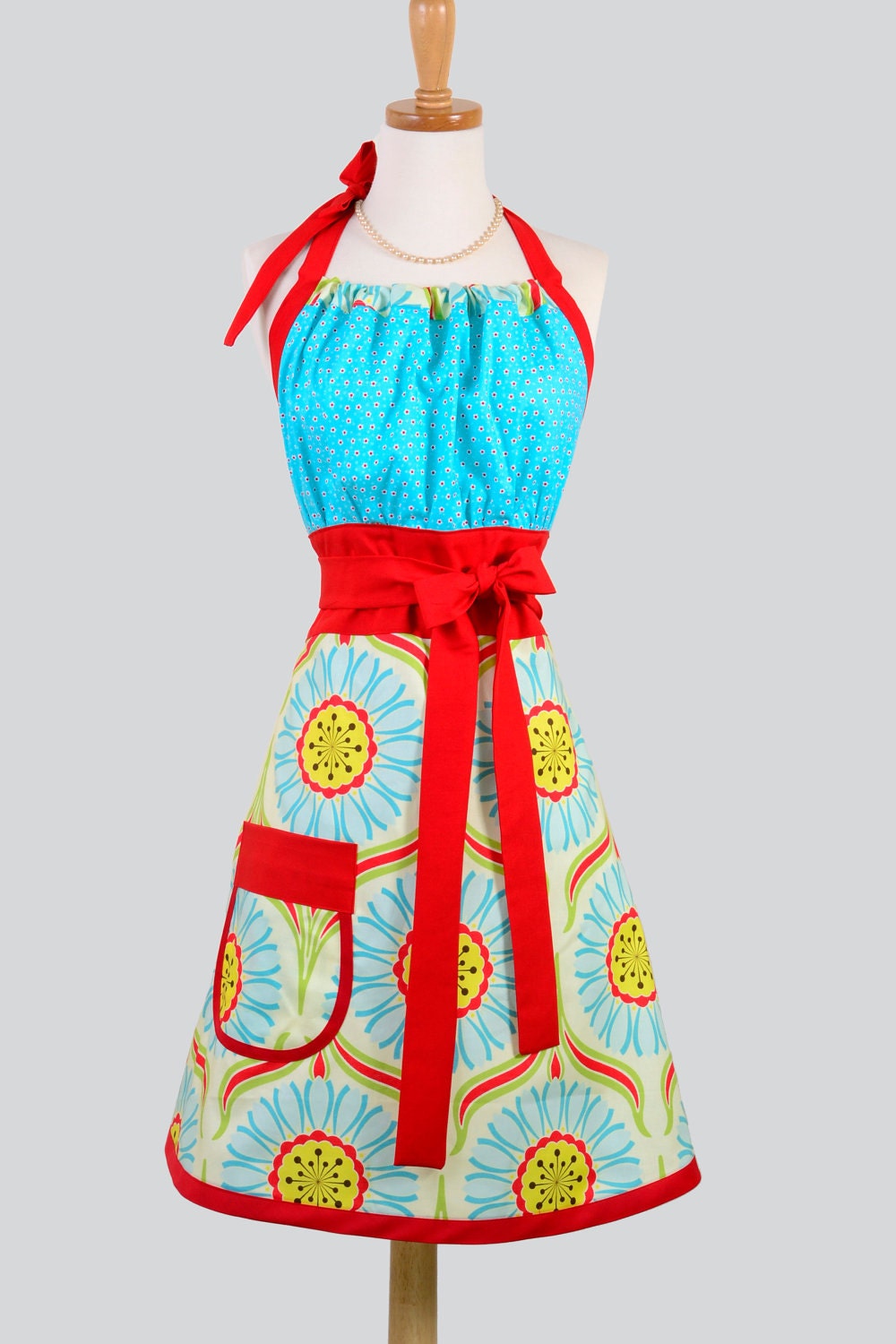 Cute Kitsch Apron / Red and Aqua Mix it up In Heather Bailey Pop Garden and Michael Miller Blue and Red