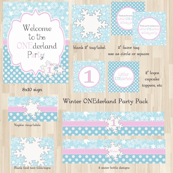 Winter ONE-derland Snowflake Party Pack- Digital file - Welcome Sign, 2 banners, favor tags, cupcake toppers, etc