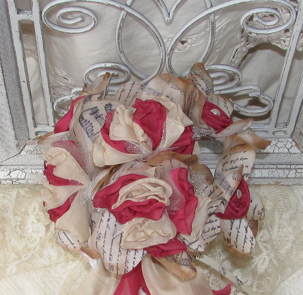 Flower Bouquet Pink and Beige Fabric and Hand stamped petals by My Broken Art on Etsy
