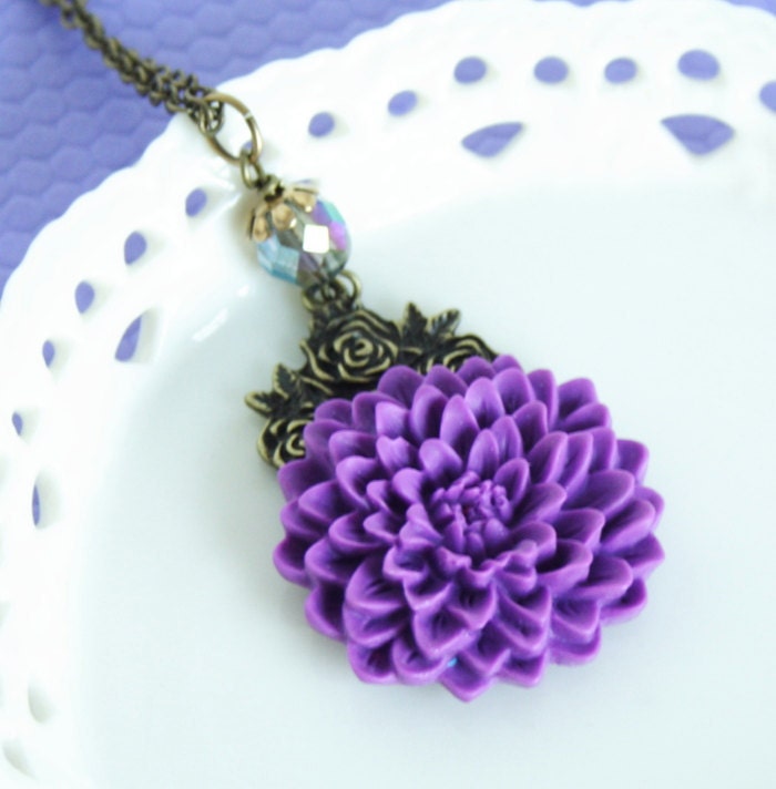 Purple Flower Necklace on a Brass Chain - No Shipping Charges