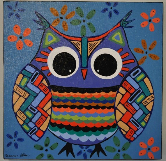 Vibrant Original Whimsical Owl 12 x 12