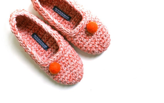 Crochet Slippers for Women, House Shoes in Salmon Pink Coral Orange Felt Ball