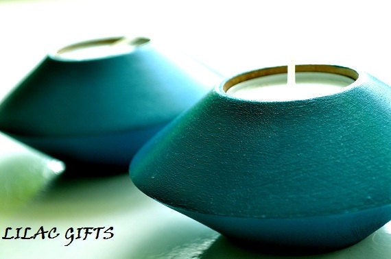 Wooden Candle Holder tea light teal blue color set of 2