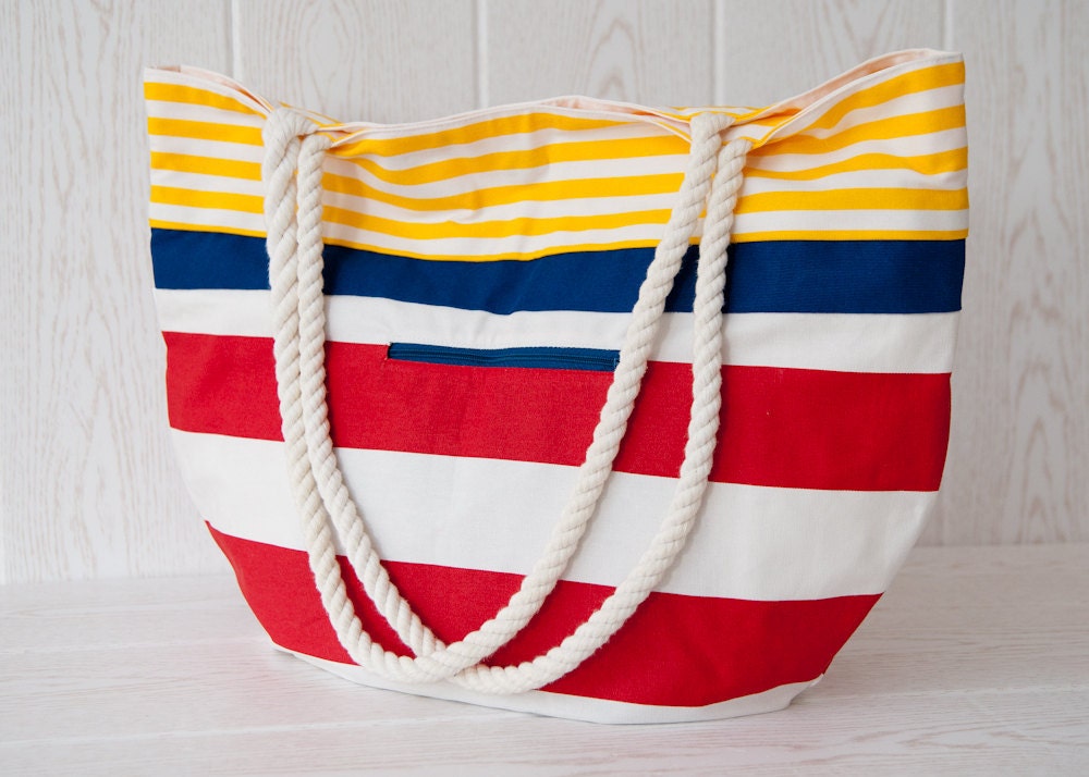 Large beach bag. Nautical stripes in yellow, blue and red