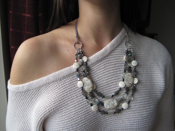 Labradorite Mother of Pearl Shell Triple Strand Necklace