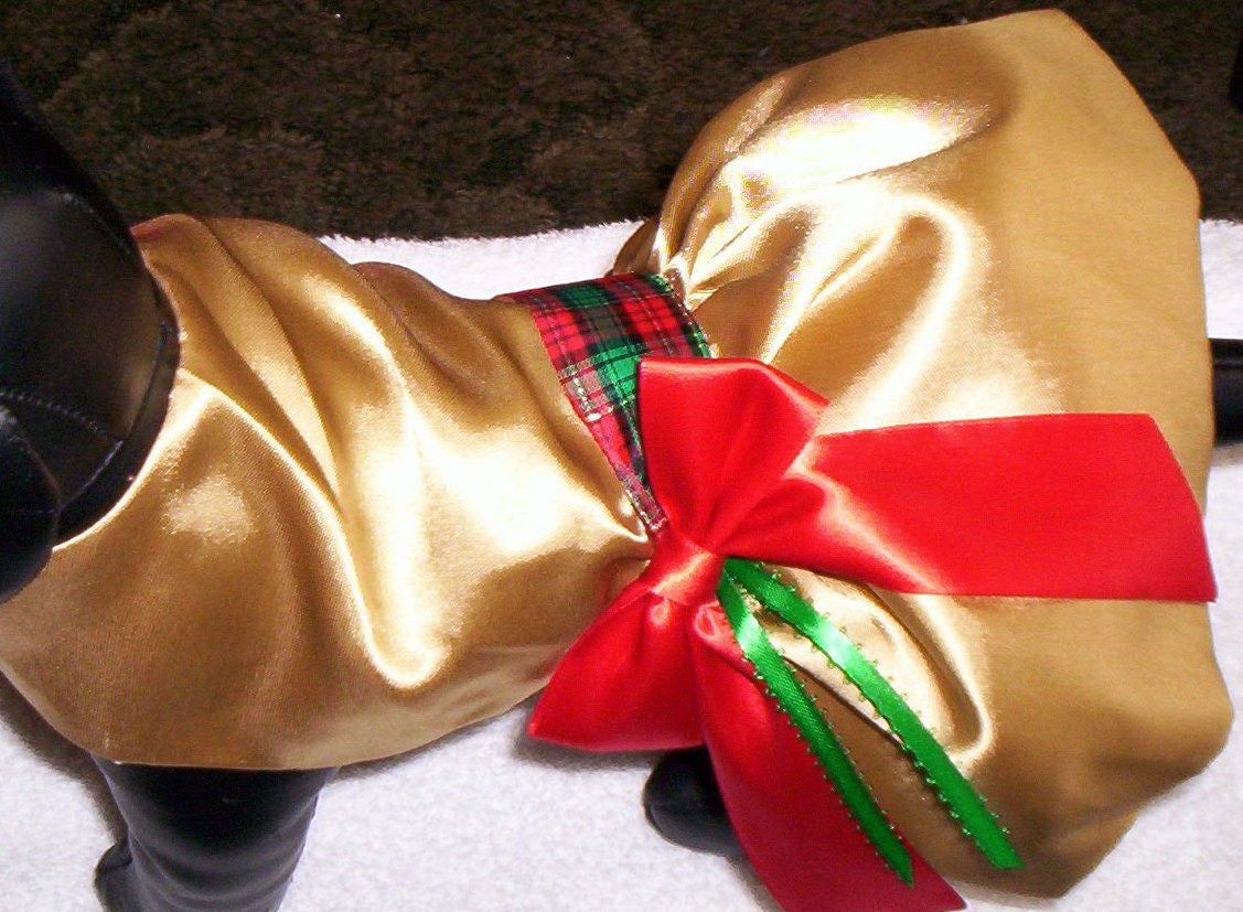 Christmas Holiday Gold Satin and Tartan Dog Dress