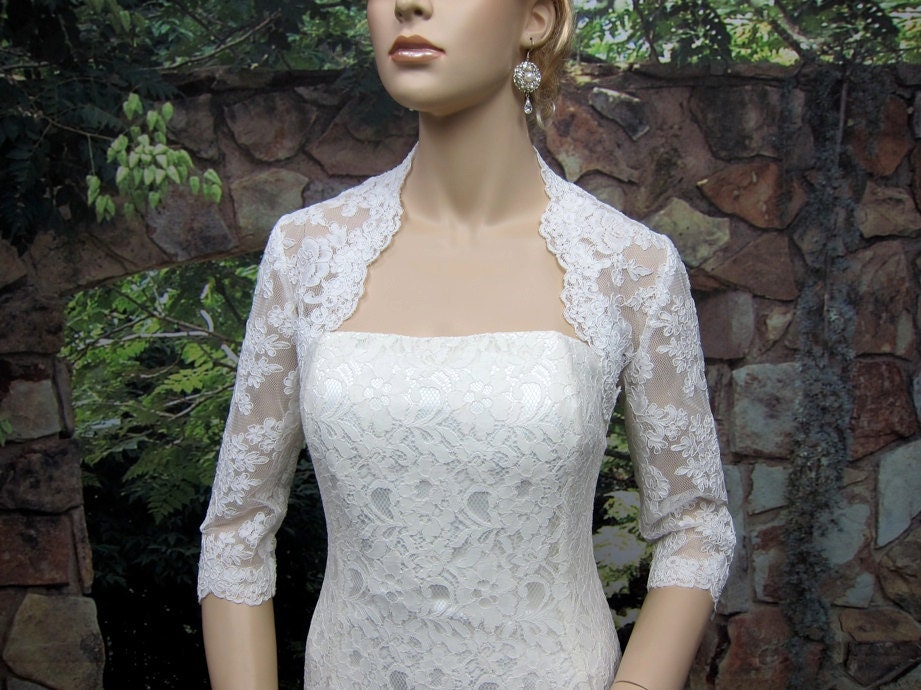 Ivory 3/4 sleeve lace bridal bolero jacket - keyhole back - alencon lace