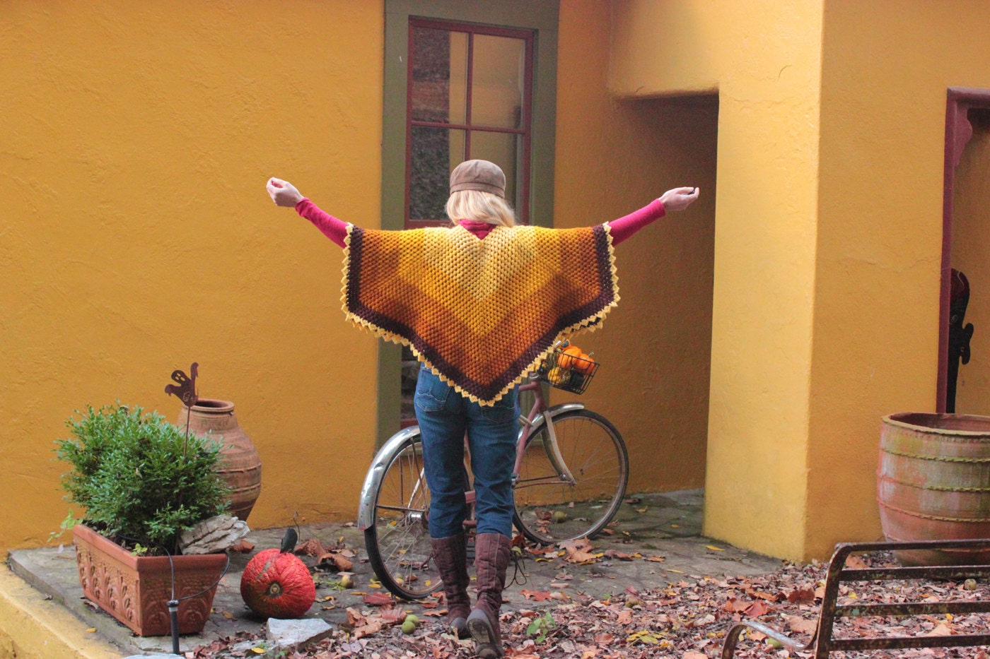 Hand Crocheted Poncho Upcycled Vintage in Fall Colors Yellow Orange Mustard Brown