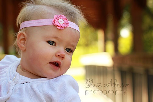 Pink Crochet Flower Headband with Vintage Pearl Button and Pink Glass Bead Center, 2 Year to Teenager Size (Item 531)