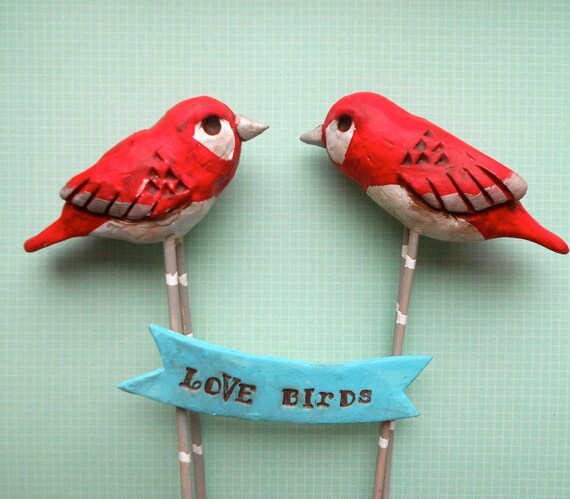 Red Silver and White Birds Winter wedding cake topper