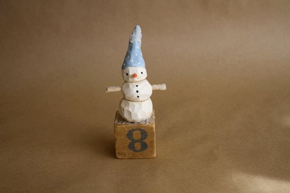 Blue hat snowman on antique toy block by Trieste Prusso Vintage inspired folk art