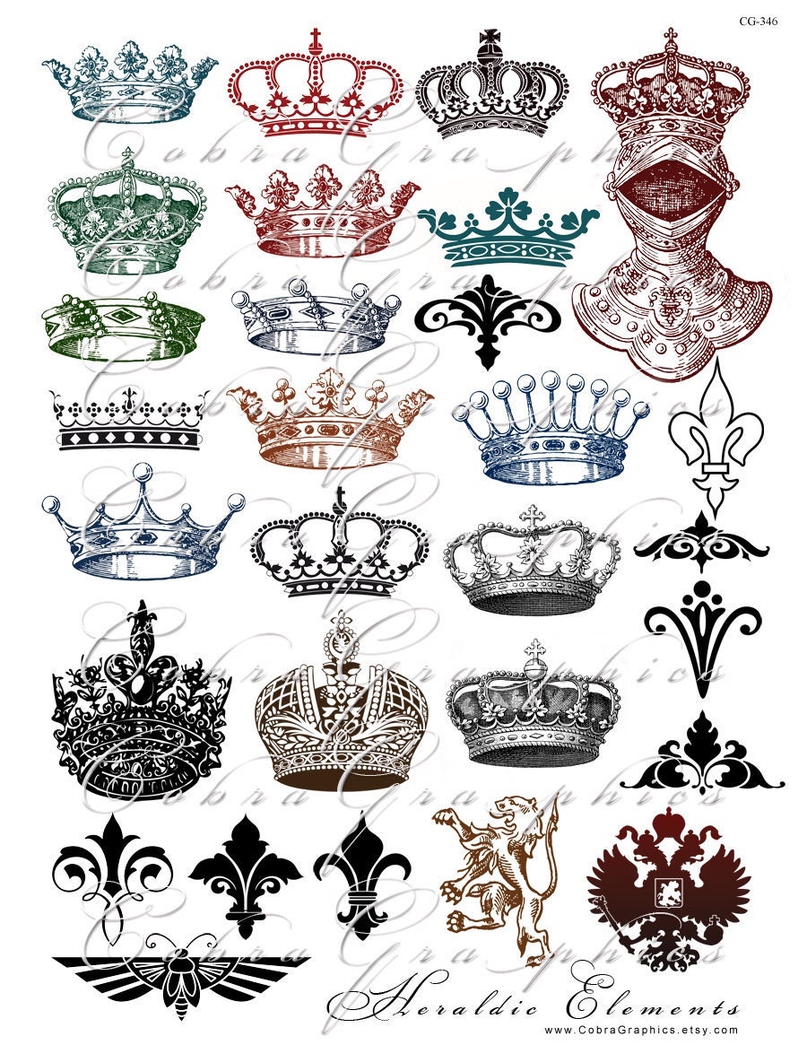 Crowns and Heraldic Elements - Digital Collage Sheet CG-346 for Crafts Scrapbooking Gift Cards Tags Magnets Iron On Transfers PNG