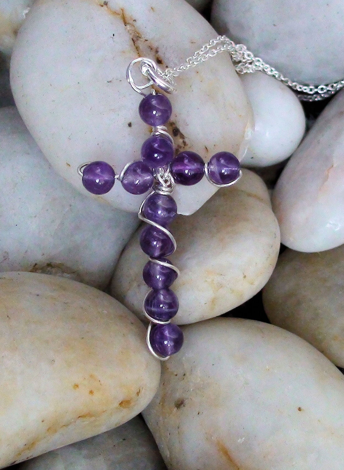 Beaded Amethyst Sterling Silver Wire Cross Necklace
