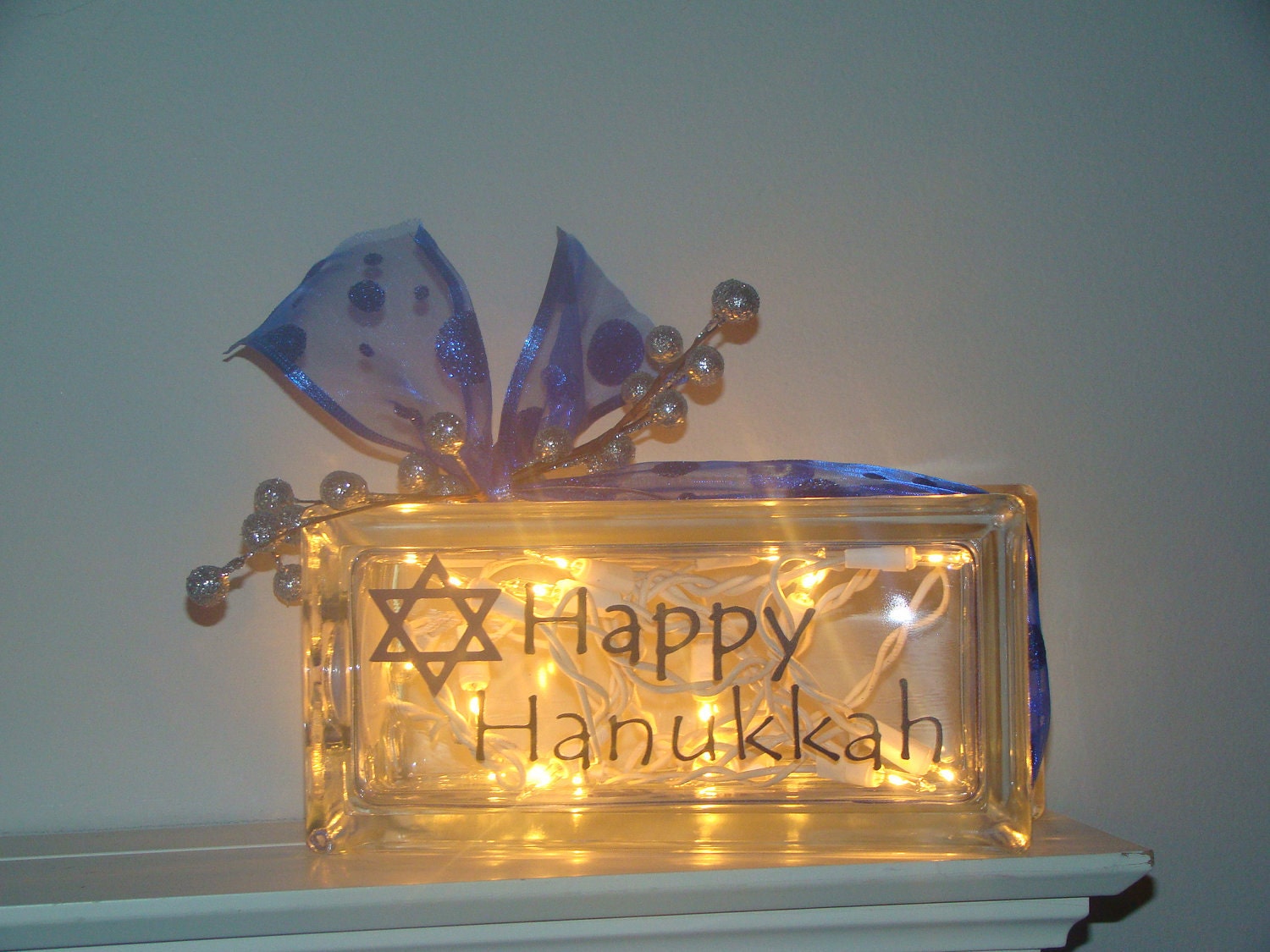 Happy Hanukkah glass block light