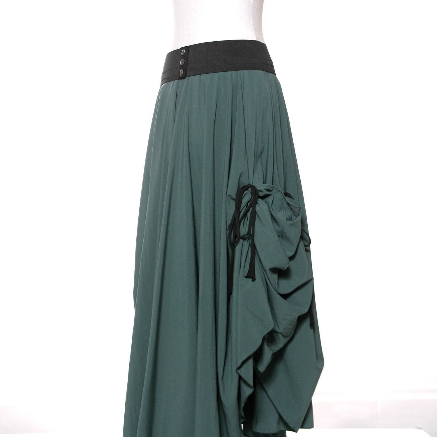 Emerald Green Maxi Skirt with Gathered Drawstring Pockets