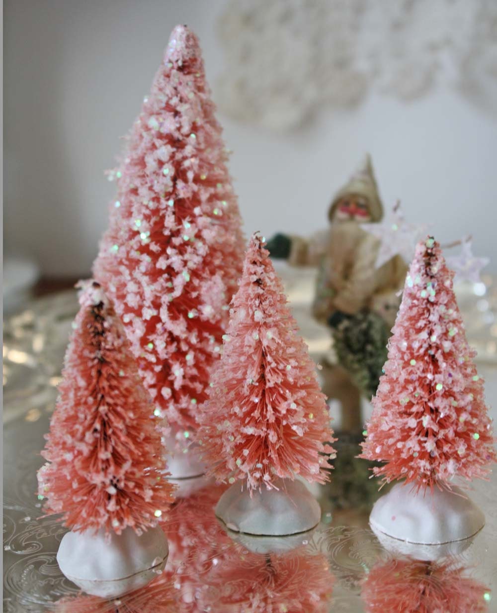 Bottle Brush Tree Set: 4 Pink Glitter Bottle Brush Trees