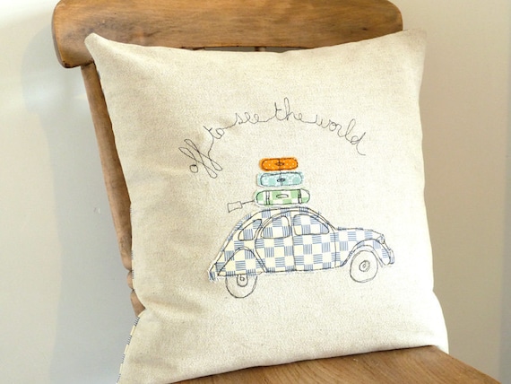 Embroidered Pillow Cover - 'Off to See the World' in blue - 16x16