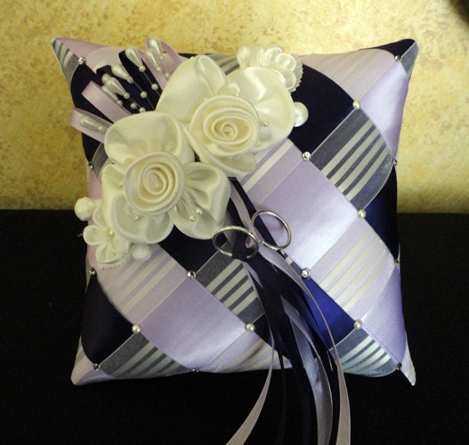Wedding ring bearer pillow ribbon weave with swarovski pearls satin