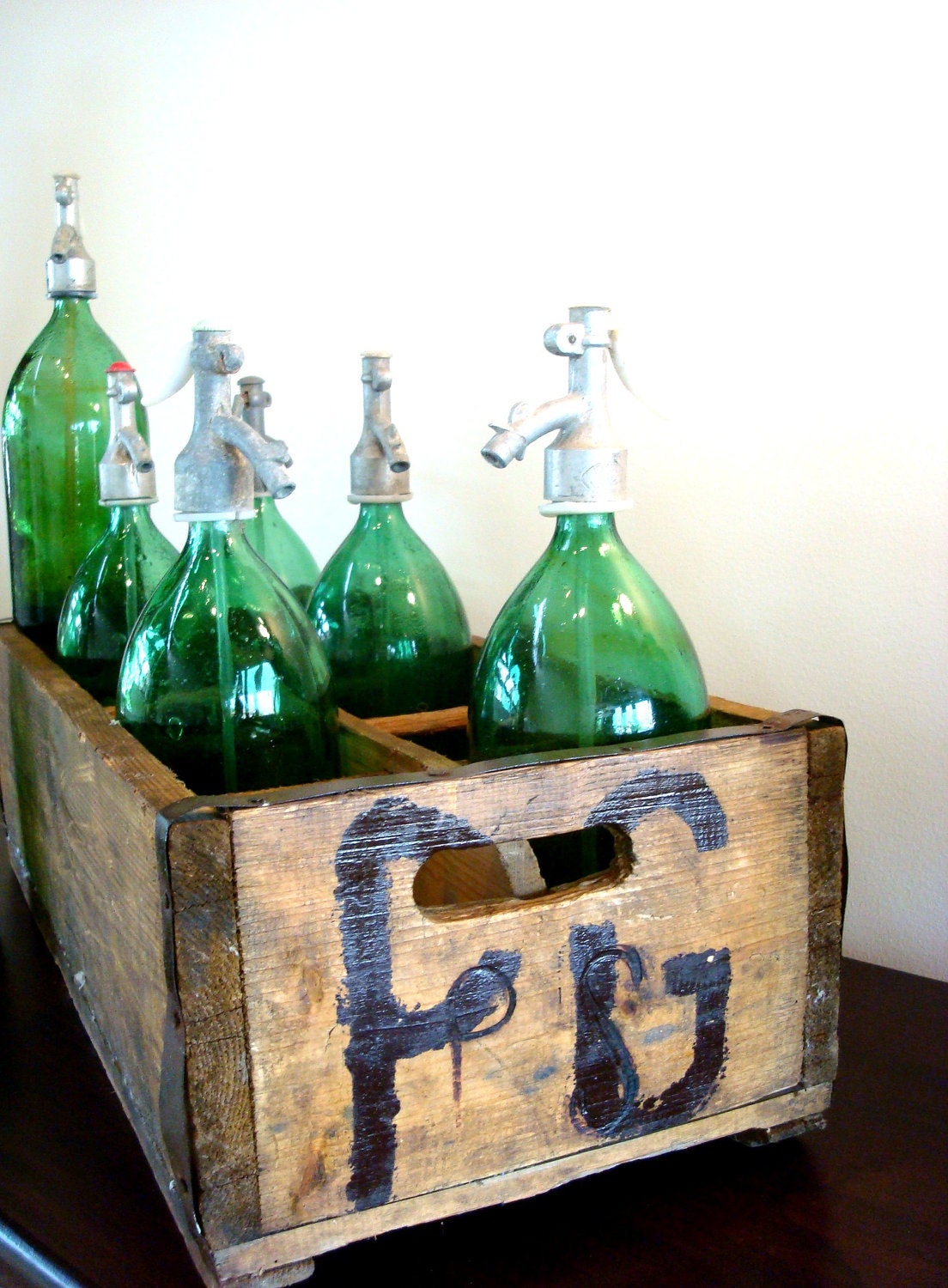 Vintage Green Seltzer Bottles purchsed in Europe, with original Spigot and straw